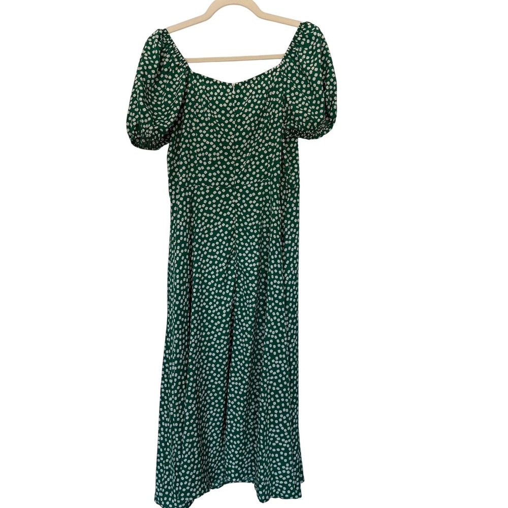 Green Daisy Puff Sleeve Sweetheart Neck Midi L CottageCore Paris Feminine
